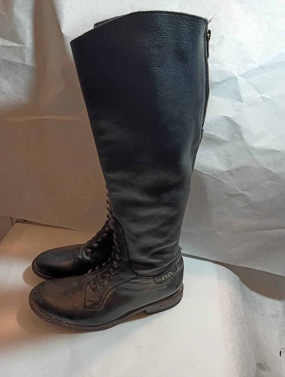 Bed Stu Tall Boots Distressed Leather Combat Boots Buckle Zip Size 7.5